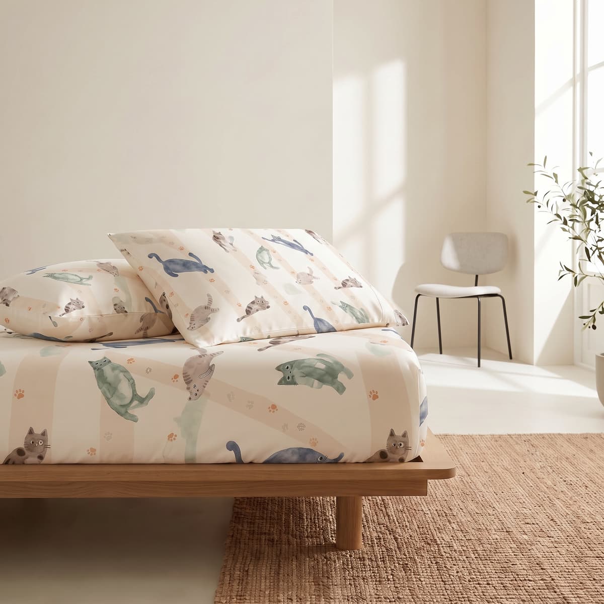 Bộ 3 món TENCEL 60s họa tiết Kitten, ga ôm gọn mặt nệm