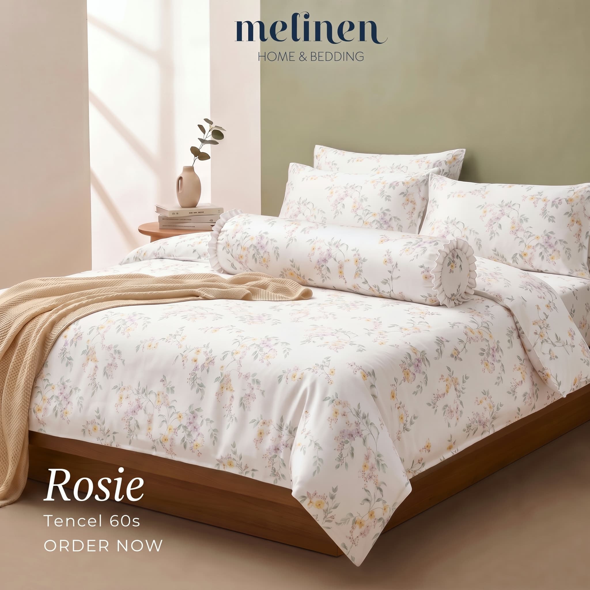Bộ Chăn Ga Gối 5 Món Lụa Tencel 60s Họa Tiết Rosie