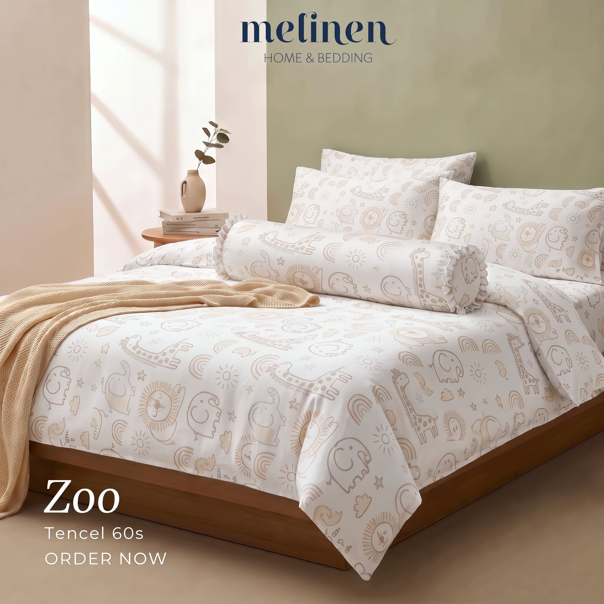 Bộ Chăn Ga Gối 5 Món Lụa Tencel 60s Họa Tiết Zoo Sở Thú